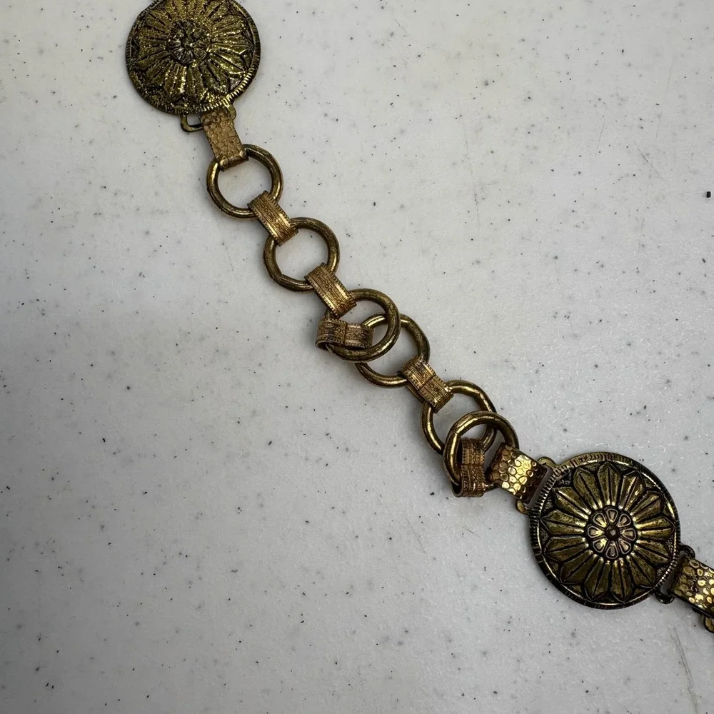 Vintage Antiqued Brass Floral Concho Chain Belt Boho Western Medallion Gold Tone